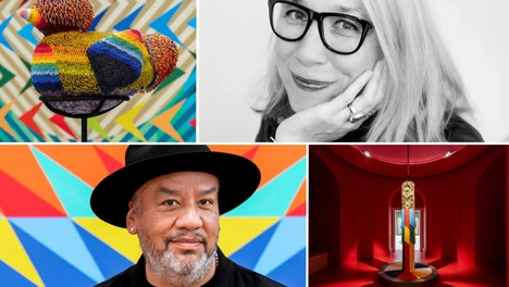 four photo collage: beaded bird artwork install shot, image of punching bag artwork in a red room, jeffrey gibson headshot wearing black and a black hat, alexandra grant headshot in black and white